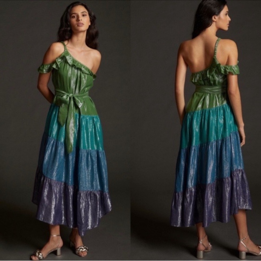 Women Maeve By Anthropologie One Shoulder Metallic MIDI Maxi Tiered Dress Medium